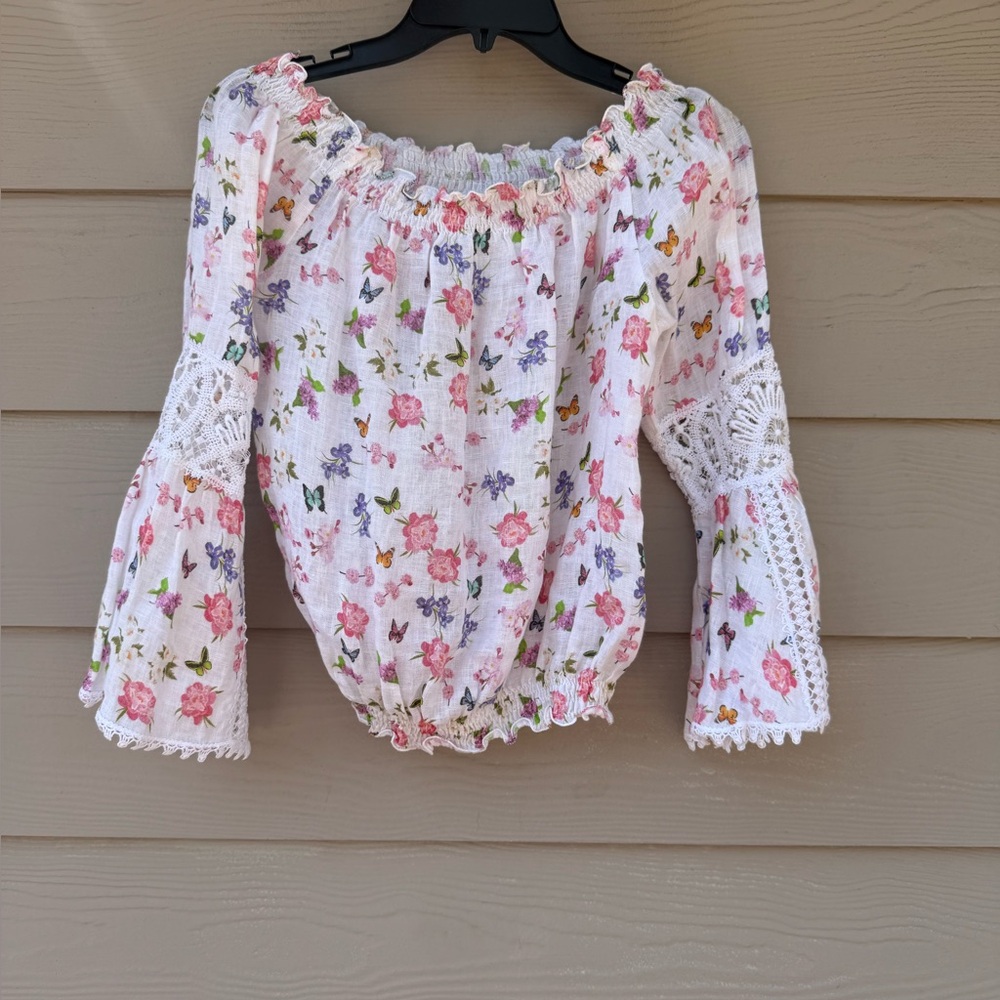 Temptation Positano White Floral Off-Shoulder Peasant Blouse with Lace Sleeves